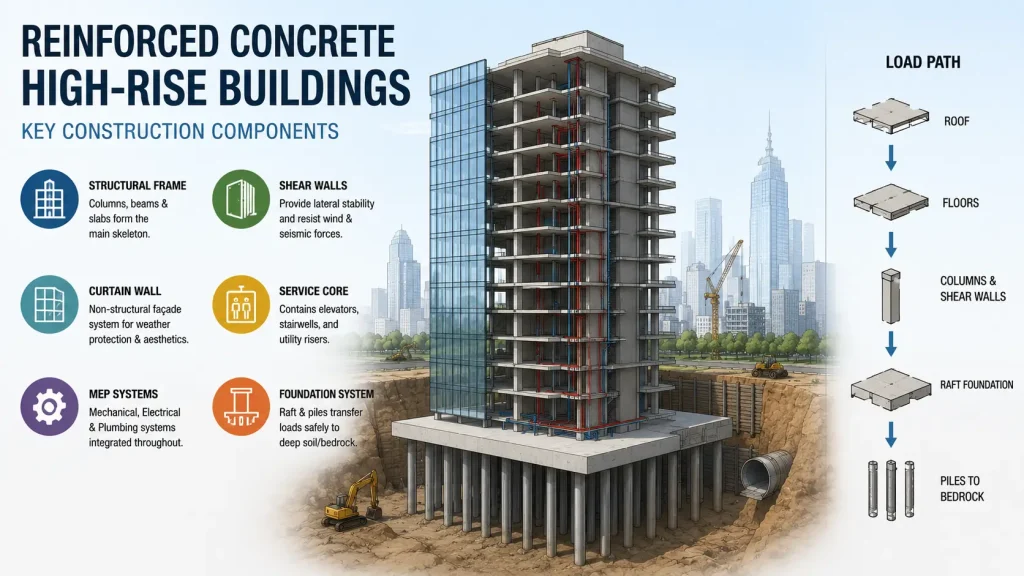 engineering infographic showing the cross-section of a reinforced concrete high-rise building with labeled structural components including flat slabs, shear walls, curtain wall façade, service core, MEP systems, raft foundation, piled foundation, excavation shoring, and load path diagrams illustrating vertical and lateral load transfer in skyscraper construction