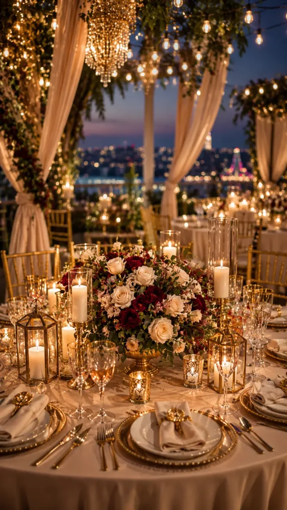 Elegant outdoor wedding reception table with floral centerpieces, chandeliers, candles, gold accents, and romantic evening lighting overlooking a cityscape.