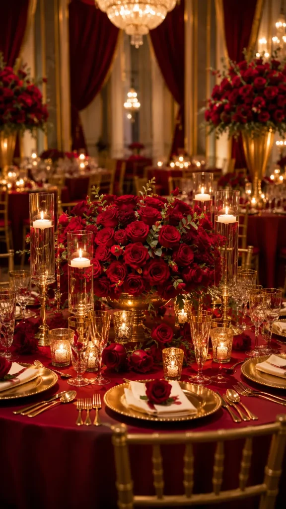 Luxurious wedding reception table with deep red rose centerpieces, gold charger plates, glowing candles, crystal glassware, and elegant red and gold decor in a romantic ballroom setting.