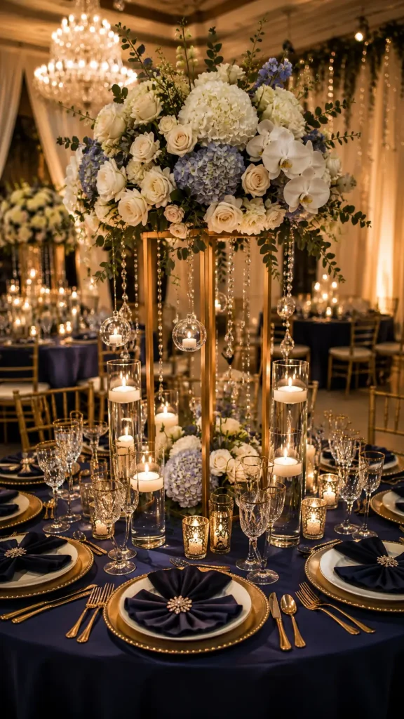 Elegant navy blue and gold wedding reception table with tall floral centerpiece, candles, crystal decor, and luxurious place settings in a ballroom venue.