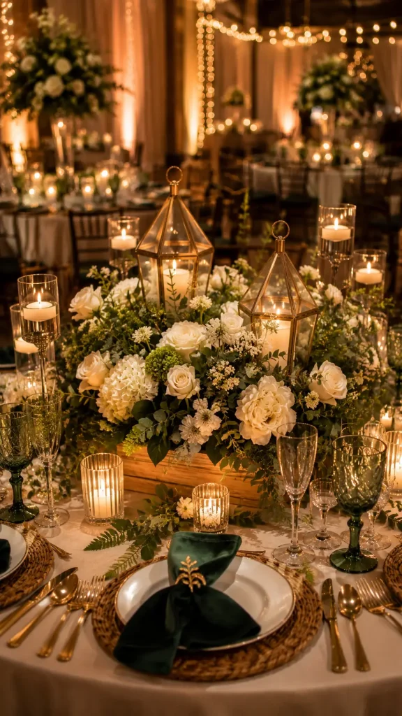 Romantic garden-inspired wedding reception table with white floral arrangements, greenery, lantern centerpieces, candlelight, and elegant gold table settings.