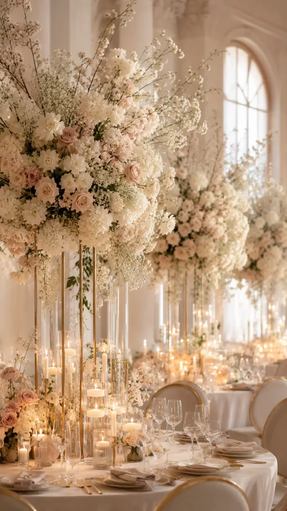 Elegant luxury wedding reception with tall blush and ivory floral arrangements, glowing candles, glass cylinder decor, and soft romantic ballroom lighting.
