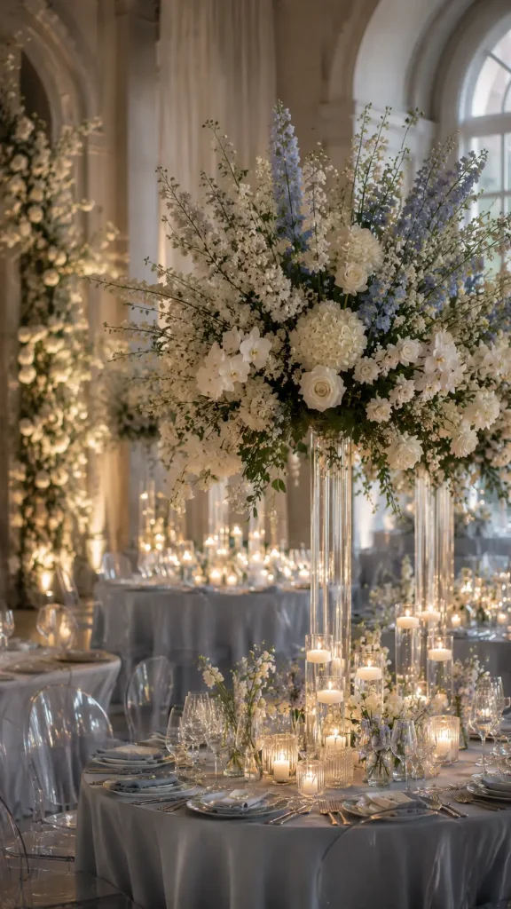 Modern wedding reception with tall blue and white floral centerpieces, glowing candles, clear chairs, and elegant ballroom ambiance.