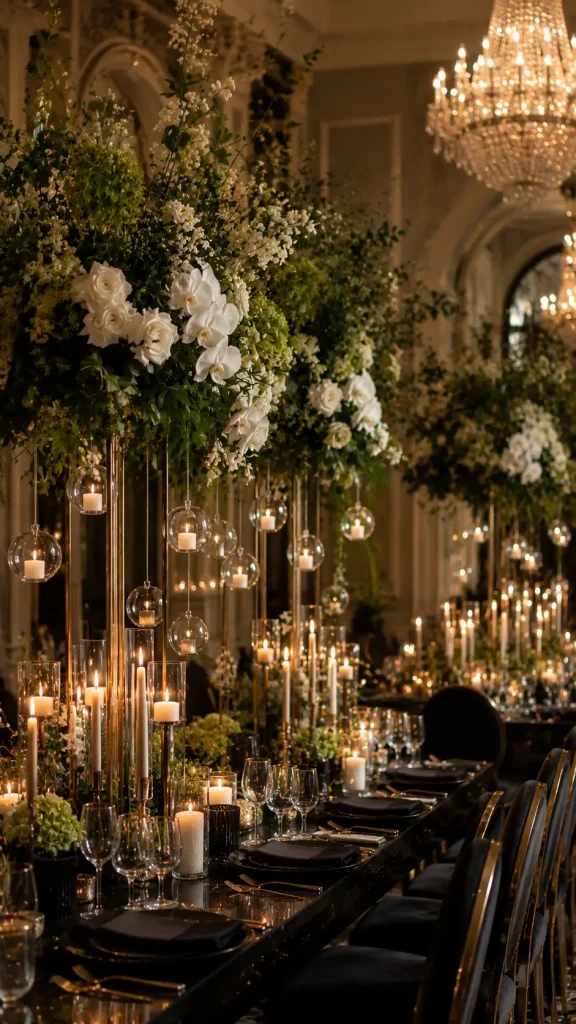 Luxurious black and gold wedding reception with hanging candle globes, white orchids, lush greenery, and dramatic chandelier lighting.