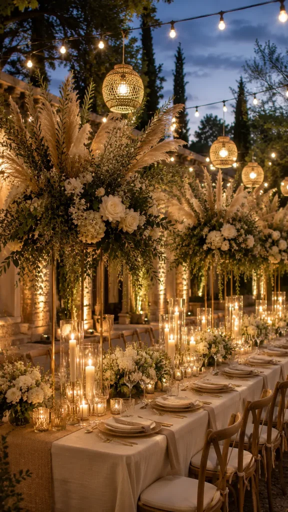 Elegant outdoor wedding reception with pampas grass floral centerpieces, glowing candles, string lights, and romantic evening ambiance.