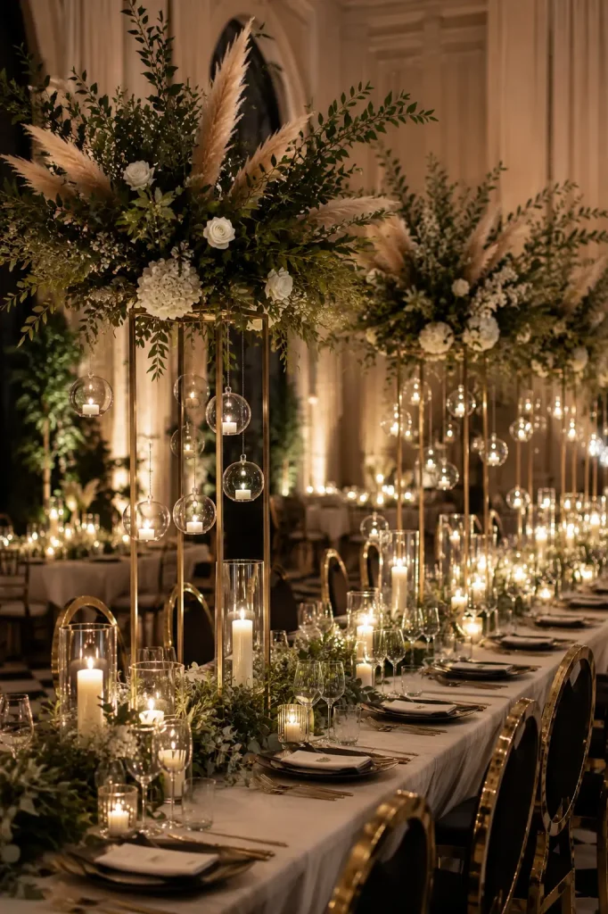 Modern luxury wedding reception with sculptural floral installations, soft ambient candlelight, elegant tablescape styling, and contemporary decor details.