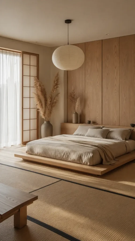 Minimal Japandi master bedroom with oak wood wall panels, low platform bed, tatami-inspired flooring, pampas grass decor, and soft ivory natural lighting.