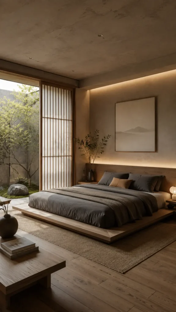 Modern zen bedroom with dark bedding, wood accents, soft lighting, shoji doors, and tranquil garden views in a warm minimalist setting.