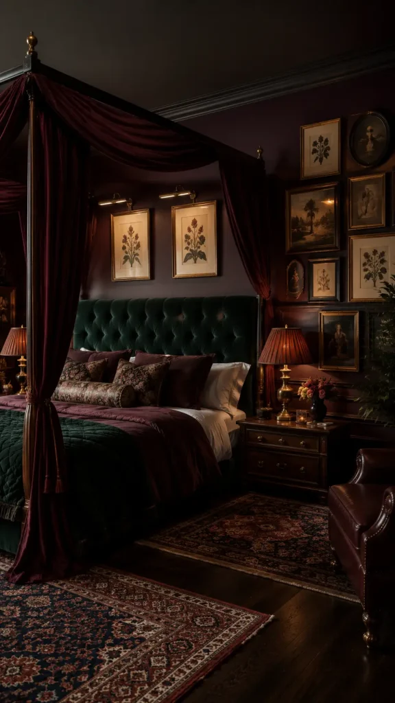 Luxurious dark bedroom with velvet tufted headboard, burgundy canopy bed, Persian rugs, gallery wall art, and warm atmospheric lighting.