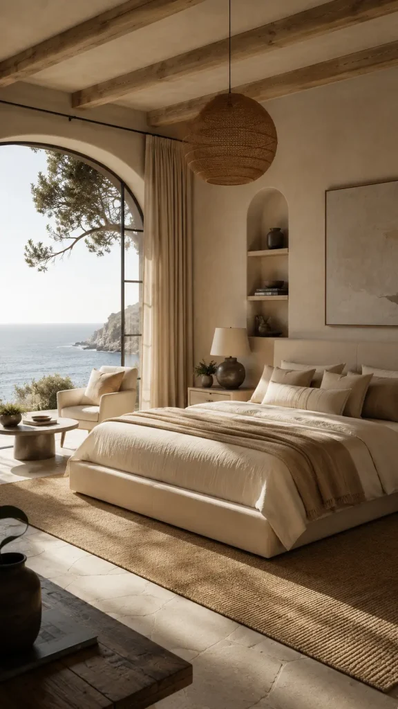 Modern coastal bedroom with ocean views, arched windows, neutral bedding, wood beams, woven lighting, and warm natural sunlight.