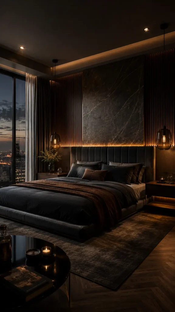 Ultra-modern luxury bedroom with sculptural furniture, dramatic lighting, monochrome tones, and sleek contemporary architectural details.