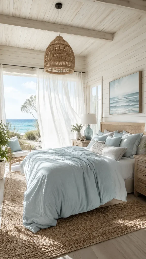 Bright coastal master bedroom with whitewashed shiplap walls, sandy blue linen bedding, rattan pendant light, woven seagrass rug, and sheer curtains flowing beside large sunlit windows.