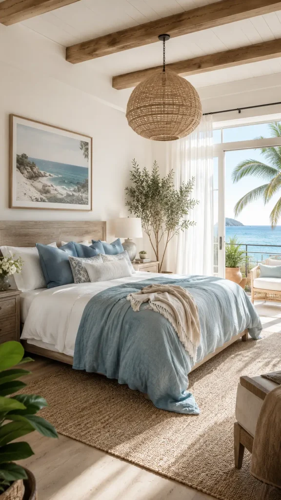 Elegant tropical coastal bedroom with blue bedding, woven pendant light, ocean-facing windows, natural wood furniture, and bright airy sunlight.