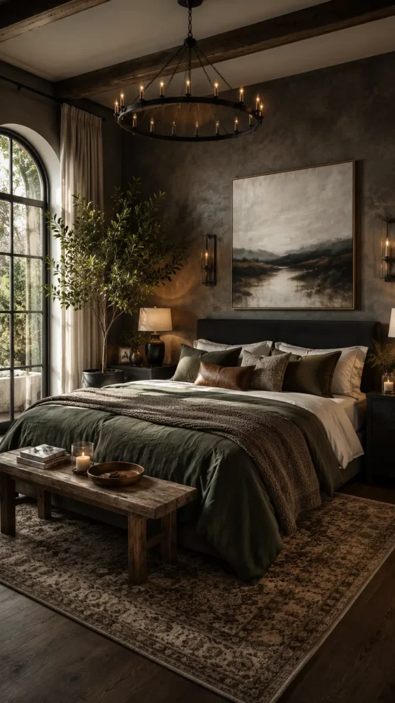 Moody rustic modern bedroom with dark textured walls, warm chandelier lighting, layered bedding, wooden furniture, and cozy earthy decor.