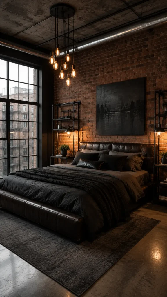 Industrial loft master bedroom with exposed red brick wall, dark leather bed, Edison bulb pendant lights, steel-frame windows, and polished concrete ceiling.