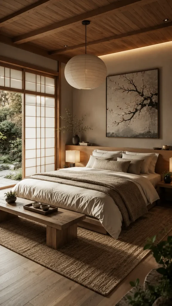 Dark modern industrial loft bedroom with moody lighting, exposed architectural elements, charcoal decor, sleek furniture, and luxury urban styling.