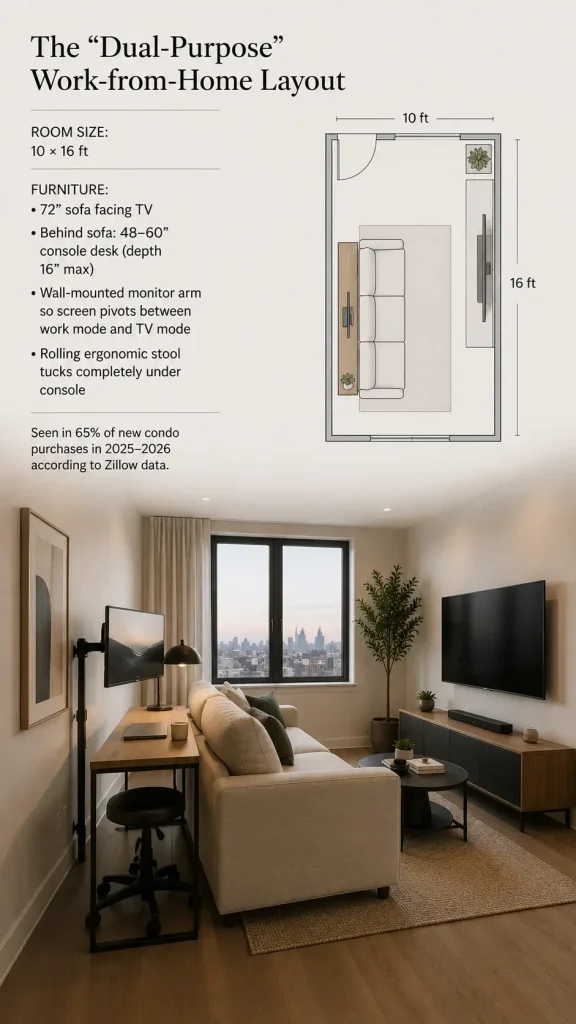 Living room with a sofa facing a TV and a slim desk behind it, featuring a pivoting monitor and a stool tucked underneath for a dual-purpose workspace.