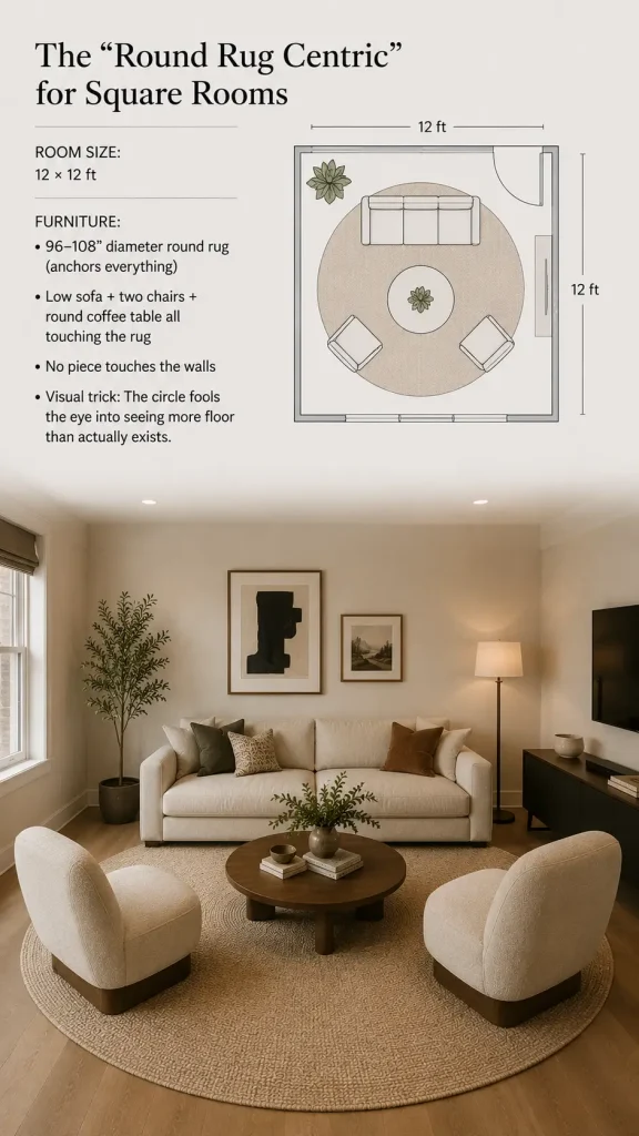 Square living room with a large round rug anchoring a sofa, two chairs, and a coffee table, arranged away from the walls to create a spacious look