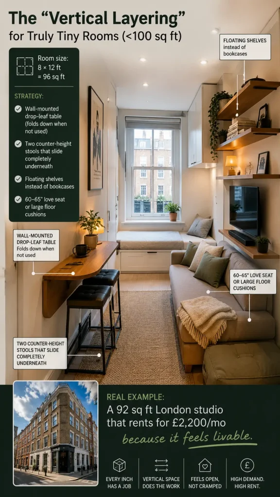 A narrow 8×12 ft tiny studio room designed with vertical layering, featuring a wall-mounted drop-leaf table with stools tucked underneath, floating shelves on the wall, and a compact loveseat, creating a functional and cozy small living space.