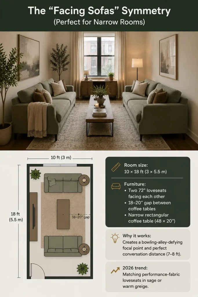 Long narrow living room with two matching loveseats facing each other across a rectangular coffee table, creating a balanced and conversational seating arrangement.