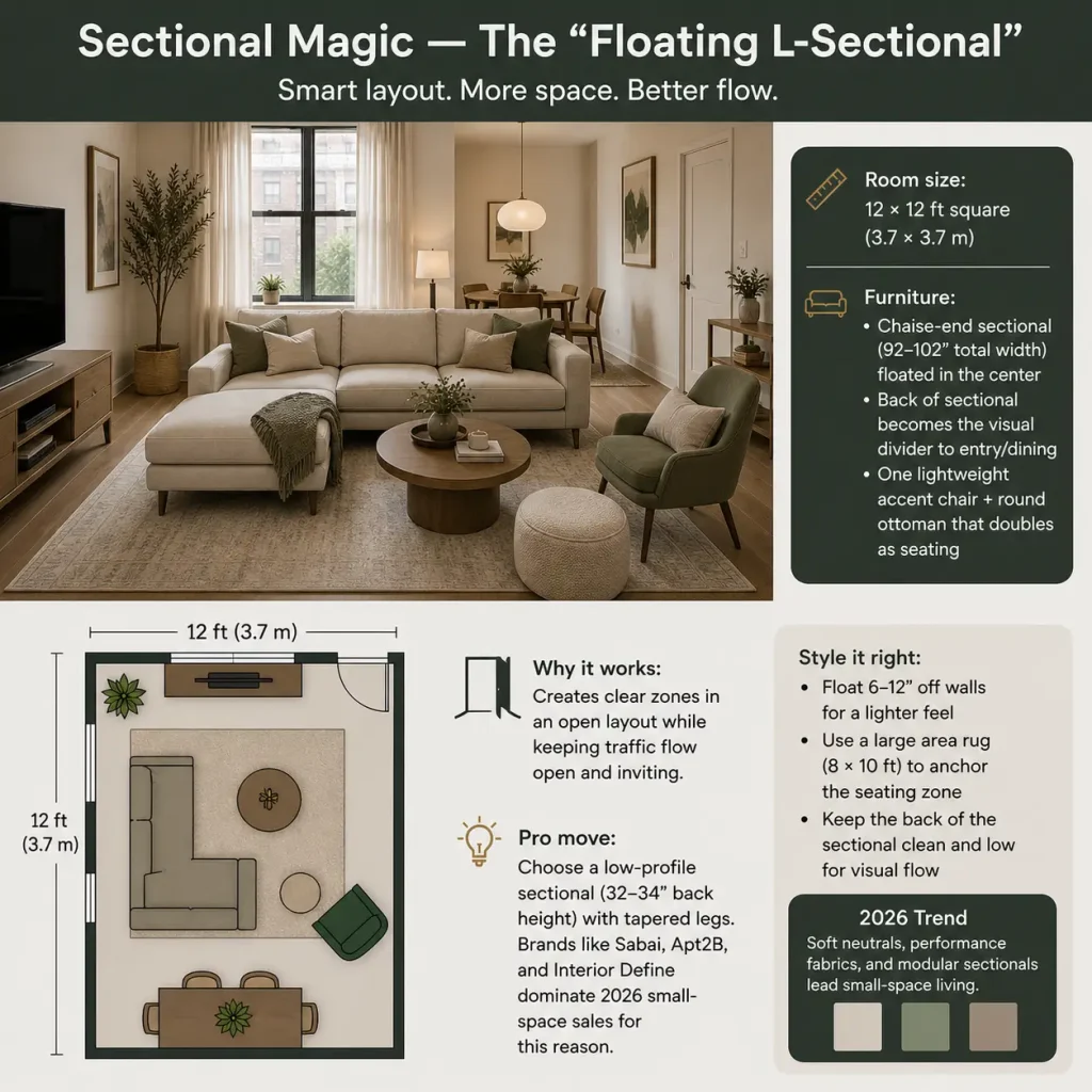Square living room with a floating L-shaped sectional in the center, paired with an accent chair and ottoman, dividing the space between living and dining areas.