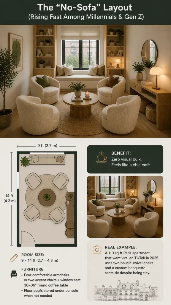Square living room with a floating L-shaped sectional in the center, paired with an accent chair and ottoman, dividing the space between living and dining areas.