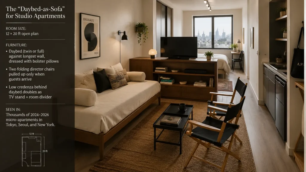 Studio apartment with a daybed styled as a sofa against the wall, a low credenza behind it, and folding chairs used as flexible seating in a compact open-plan space.