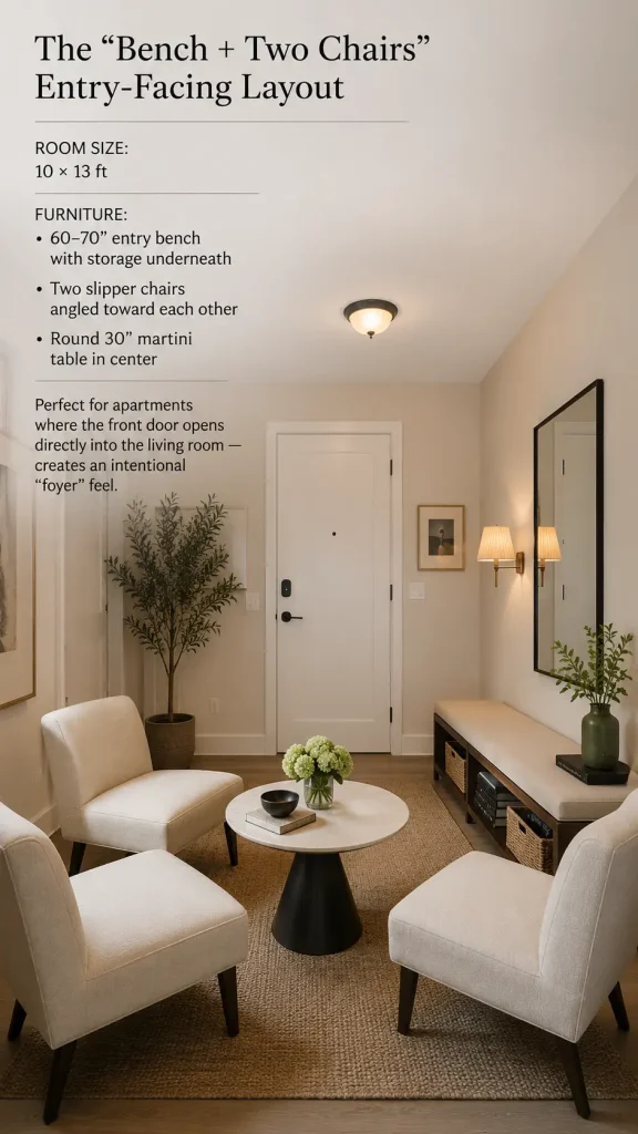 Compact living room entry area with a long storage bench, two angled chairs, and a round table arranged to create a cozy foyer-like seating space.