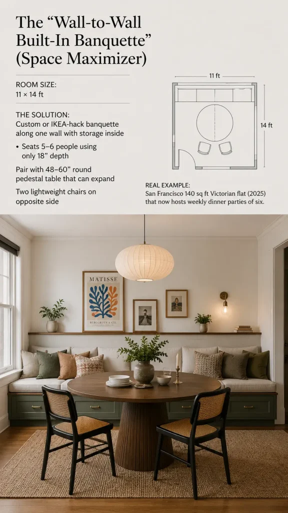 Dining nook with a wall-to-wall built-in banquette, round pedestal table, and two chairs, designed to maximize seating in a small space.