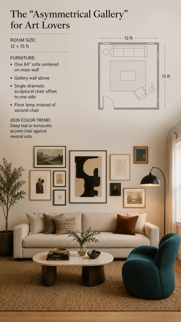 Living room with a centered sofa, gallery wall above, and a single sculptural accent chair placed to one side for an asymmetrical, artistic layout.
