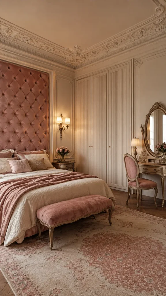 Elegant Parisian master bedroom with a floor-to-ceiling dusty rose button-tufted headboard, ornate white mouldings, antique ivory wardrobes, vintage vanity mirror, brass sconces, and a blush wool rug