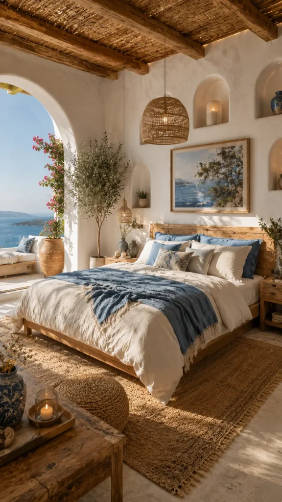 Bright Mediterranean coastal bedroom with white plaster walls, exposed wood beams, woven pendant lighting, blue bedding accents, rustic furniture, and beautiful ocean views through an arched opening.