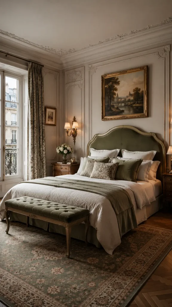 Sophisticated Parisian bedroom featuring a sage green upholstered bed, ornate wall mouldings, vintage furniture, warm sconces, and elegant French apartment architecture.