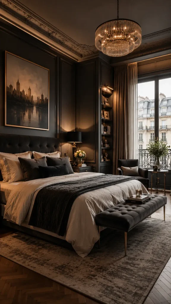 Moody luxury bedroom with charcoal paneled walls, crystal chandelier, dark upholstered bed, elegant lighting, and modern Parisian-inspired decor.