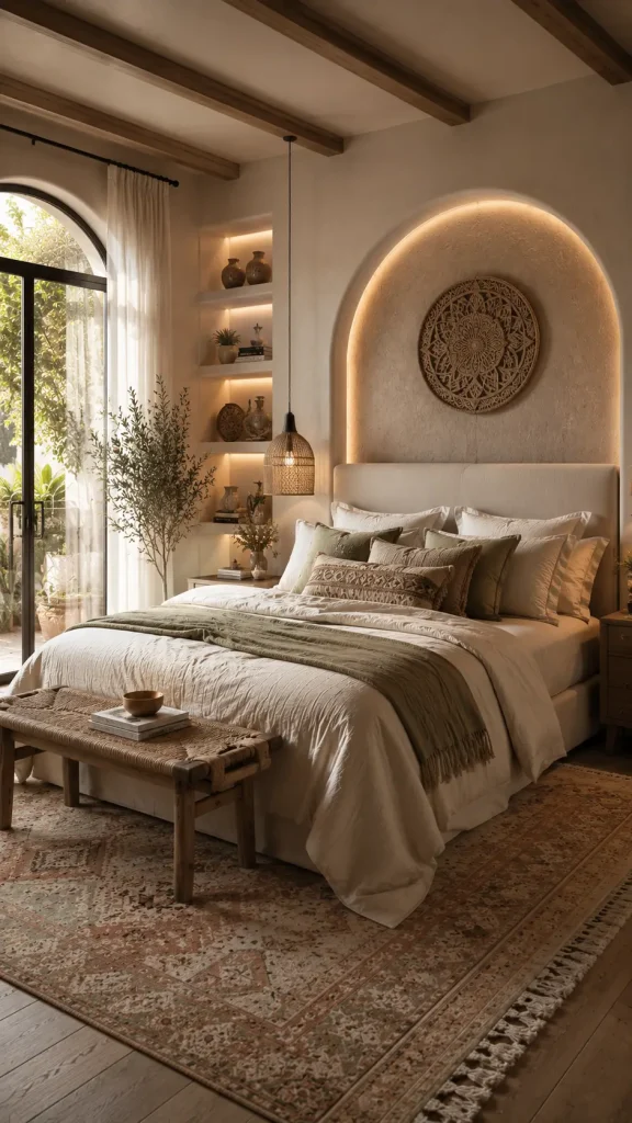 Warm modern boho bedroom with natural wood beams, neutral bedding, woven decor, earthy textures, arched window, and cozy ambient lighting.