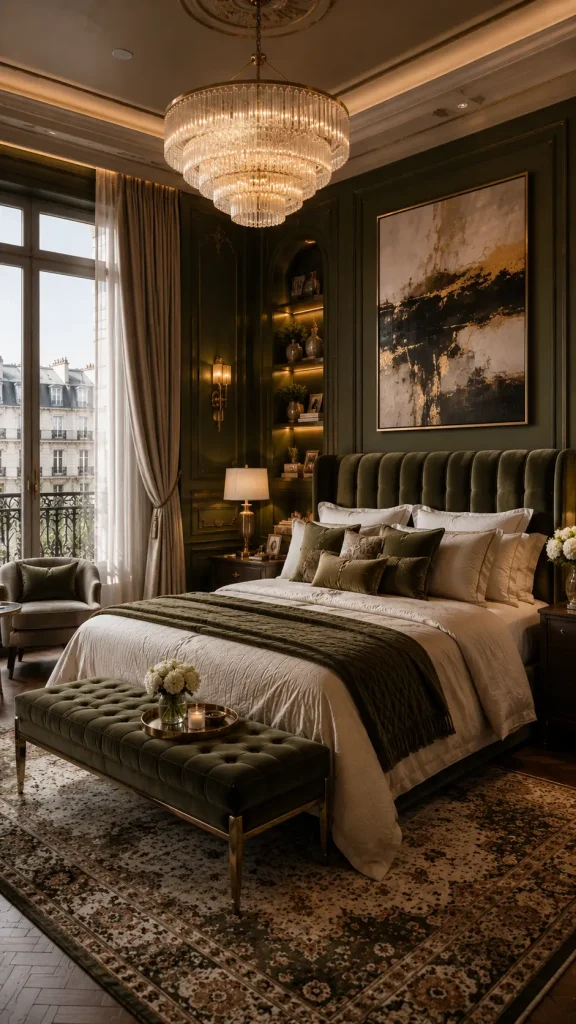 Luxury Art Deco bedroom featuring premium furnishings, designer lighting, elegant architectural details, rich textures, and a sophisticated hotel-inspired atmosphere.