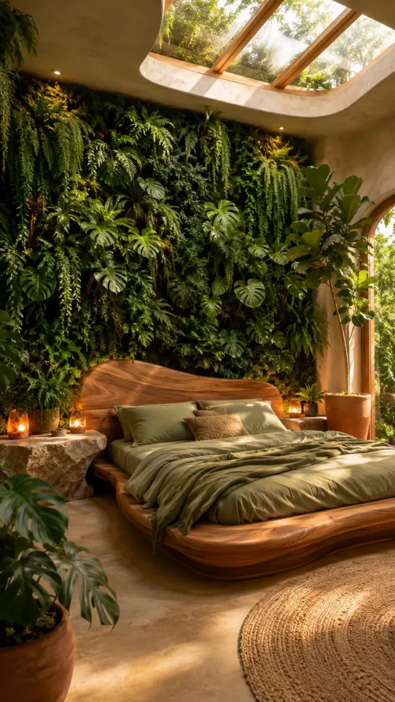 Luxury biophilic master bedroom featuring a floor-to-ceiling living green wall, curved wooden bed frame, sage green bedding, large monstera plants, natural stone furniture, and warm sunlight streaming through a skylight.