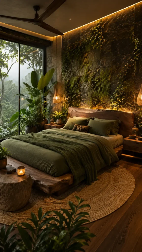 Modern luxury bedroom with vertical garden wall, warm mood lighting, natural wood bed, indoor tropical plants, earthy green bedding, and large windows overlooking a misty forest landscape.