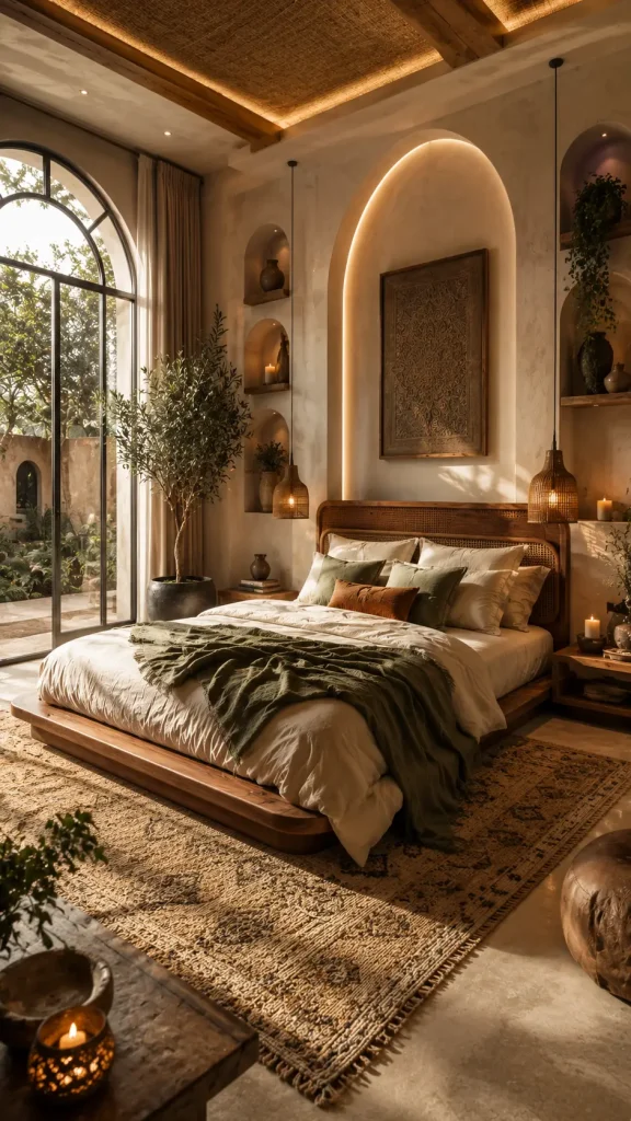 Elegant boho bedroom with warm neutral colors, arched architectural details, woven pendant lights, wooden furniture, cozy textiles, and natural sunlight creating a luxury resort atmosphere.