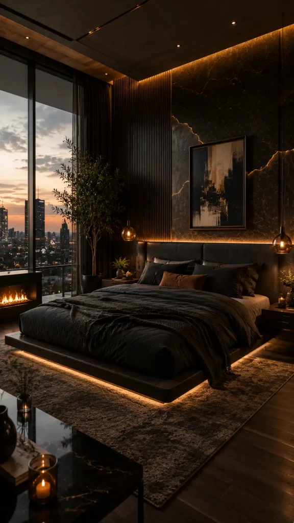 Sophisticated modern bedroom featuring dark charcoal tones, floor-to-ceiling city skyline views, ambient lighting, luxury platform bed, fireplace, and contemporary urban penthouse styling.