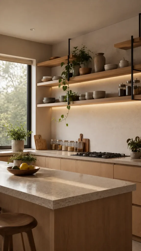 Modern Scandinavian kitchen with floating oak shelves, ceramic dishes, spice jars, trailing plants, and warm natural light.