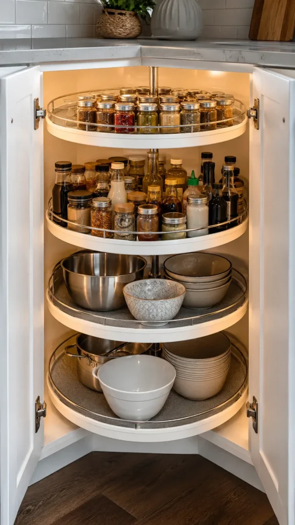 White corner kitchen cabinet with open doors revealing a multi-tier rotating Lazy Susan shelf system holding spice jars, condiments, and mixing bowls, illuminated by warm interior lighting.