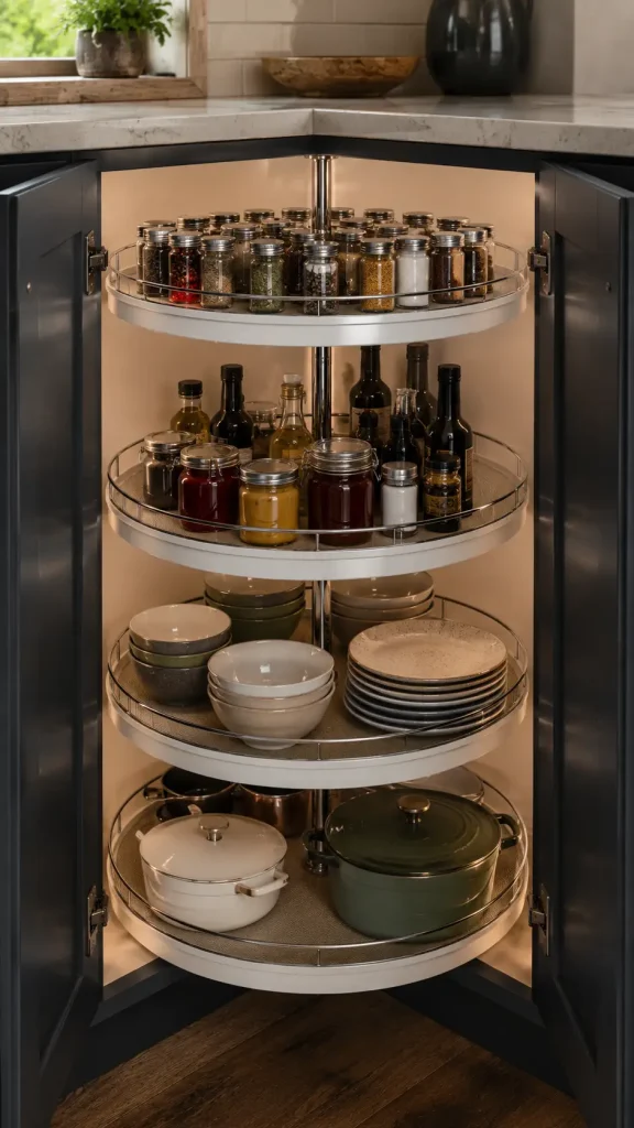 Farmhouse-inspired kitchen corner cabinet with open doors revealing rotating Lazy Susan shelves containing ceramic dishes, cookware, spices, and pantry items illuminated by warm lighting.