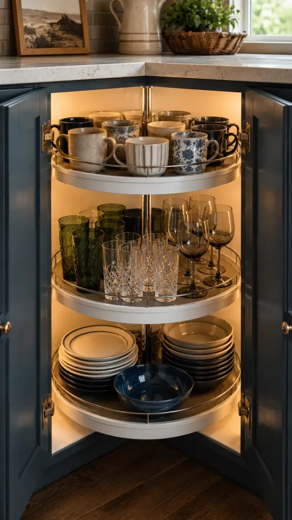 Dark gray kitchen corner cabinet with open doors showcasing rotating Lazy Susan shelves filled with spices, oils, dishes, and cookware under warm interior lighting