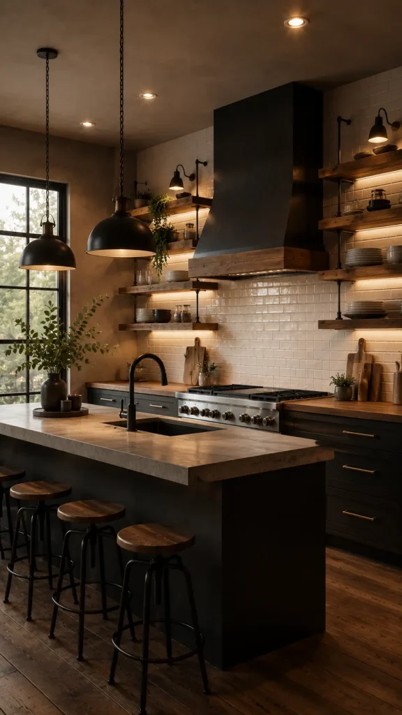Industrial-style kitchen featuring black cabinets, wood floating shelves, pendant lights, large island, and warm ambient lighting.