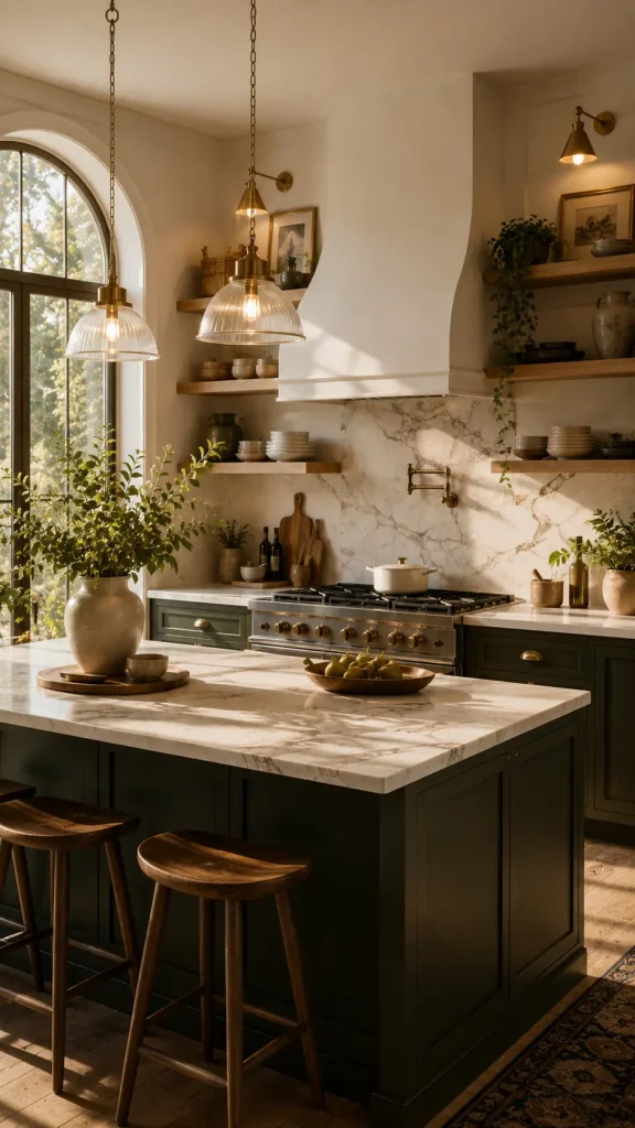 Luxury rustic kitchen with marble island, brass lighting, open shelves, arched windows, and warm natural sunlight.