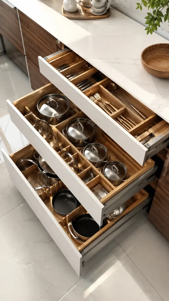 Modern white and warm wood kitchen with fully open deep pull-out drawers featuring bamboo organizers, neatly arranged pots, pans, cookware, and cutlery under bright overhead lighting.