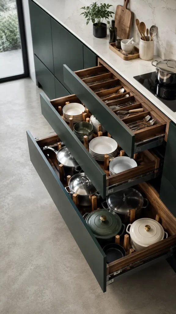 Luxury dark green kitchen with open pull-out drawers containing organized cookware, dishes, utensils, and wooden storage dividers in a modern minimalist interior.
