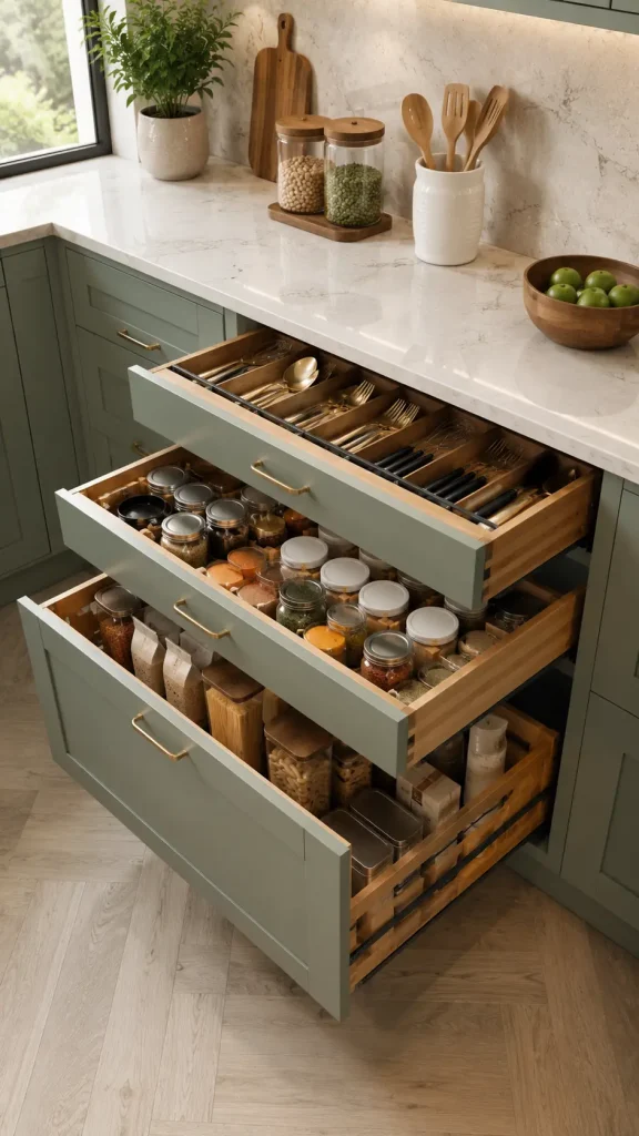 Contemporary luxury kitchen featuring deep pull-out storage drawers with organized cookware, kitchen accessories, custom dividers, and sleek modern cabinetry.