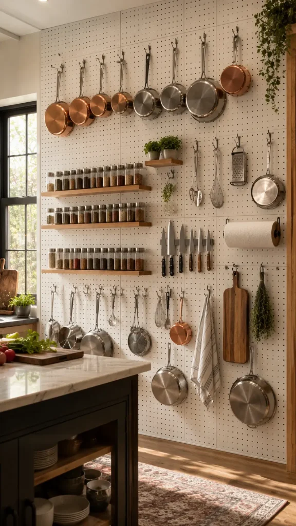 Modern kitchen featuring a floor-to-ceiling white pegboard wall with hanging copper and stainless steel cookware, organized spice jars, kitchen utensils, and warm natural sunlight.